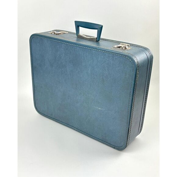 Vintage 1960s Monarch Blue Hard Shell Luggage Suitcase Midsize 21”X 16”X 6”